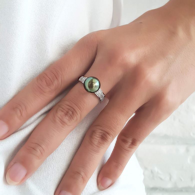 Bague Elbow - Perle de Tahiti - Or blanc, diamants - 4