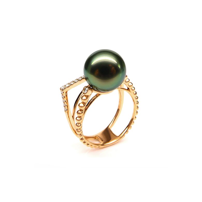 Bague perle de Tahiti, Or jaune, diamants - Saperlipopette - 1