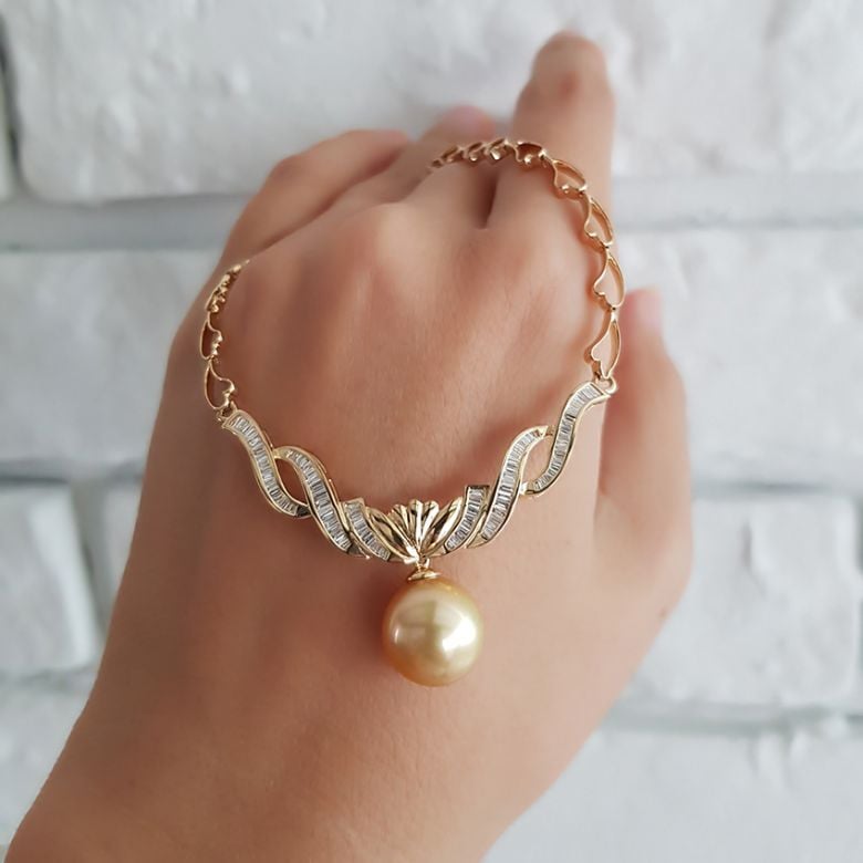 Collier maille coeur - Or jaune, diamants - Perle Australie dorée - 7