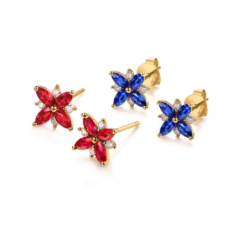 Boucle oreille fleur saphir bleu, diamant, or jaune - Véronique des ruisseaux - 5