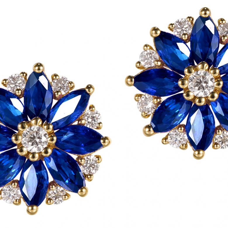 Boucle oreille Blue Mist, fleur de brume bleue - Saphir, diamant, Or jaune - 5