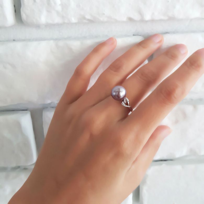 Bague coeur de perle diamanté - Or blanc et Perle d'eau douce lavande - 7