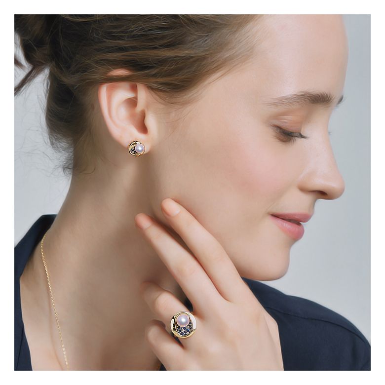 Boucle oreille perle Akoya I Constellation saphir diamant I Seiza, Or jaune - 2