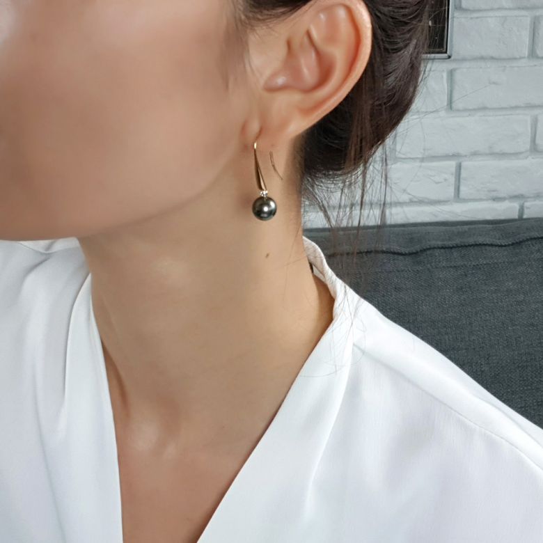 Boucles oreilles perles Tahiti - Crochets perles noires paons - Or jaune - 4