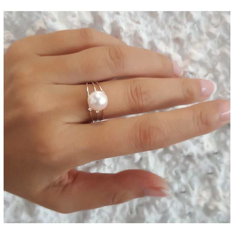Bague or blanc - Perle Akoya blanche Japon - 3 anneaux, diamants - 4