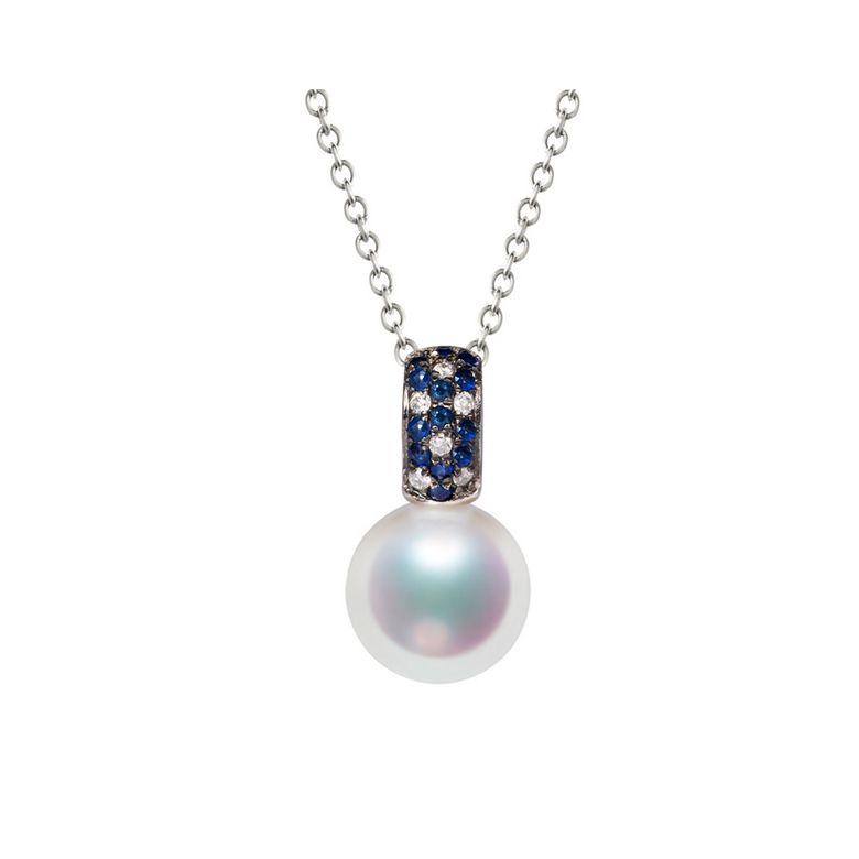 Pendentif Kino, Perle Akoya Japon. Or blanc, diamants et saphirs - 1