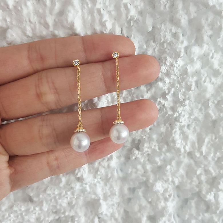 Pendantes chainette forçat. Perles Akoya Or jaune et diamants - 3