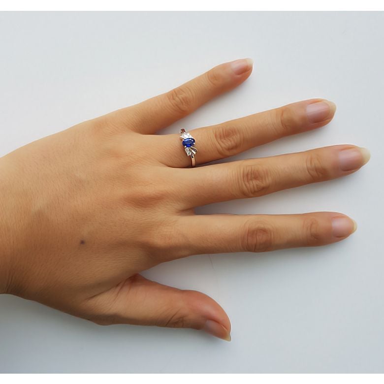 Bague saphir solitaire - Or blanc 18 carats - Sertissage diamants - 6