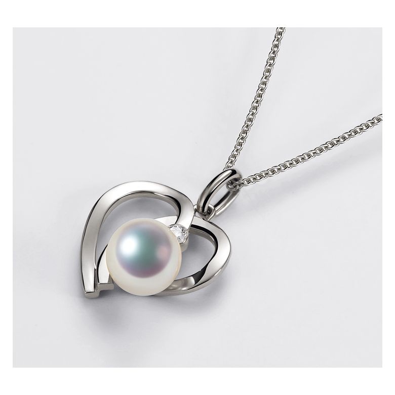 Pendentif Chiaki. Coeur moderne Or blanc. Perle Akoya, Diamant - 3