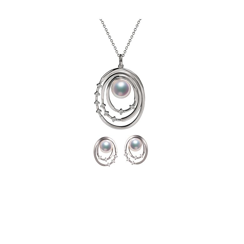 Pendentif et Boucles Kaneo. Perles Akoya, Or blanc, diamants. Motifs cerclés - 4