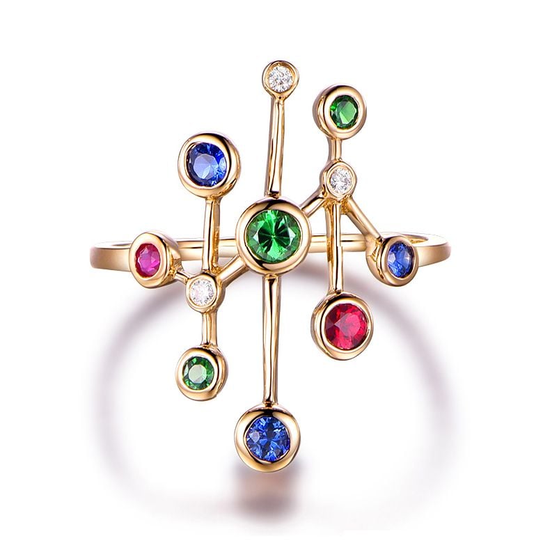 Bague gouttes d’amour. Or jaune, pierres précieuses - 1