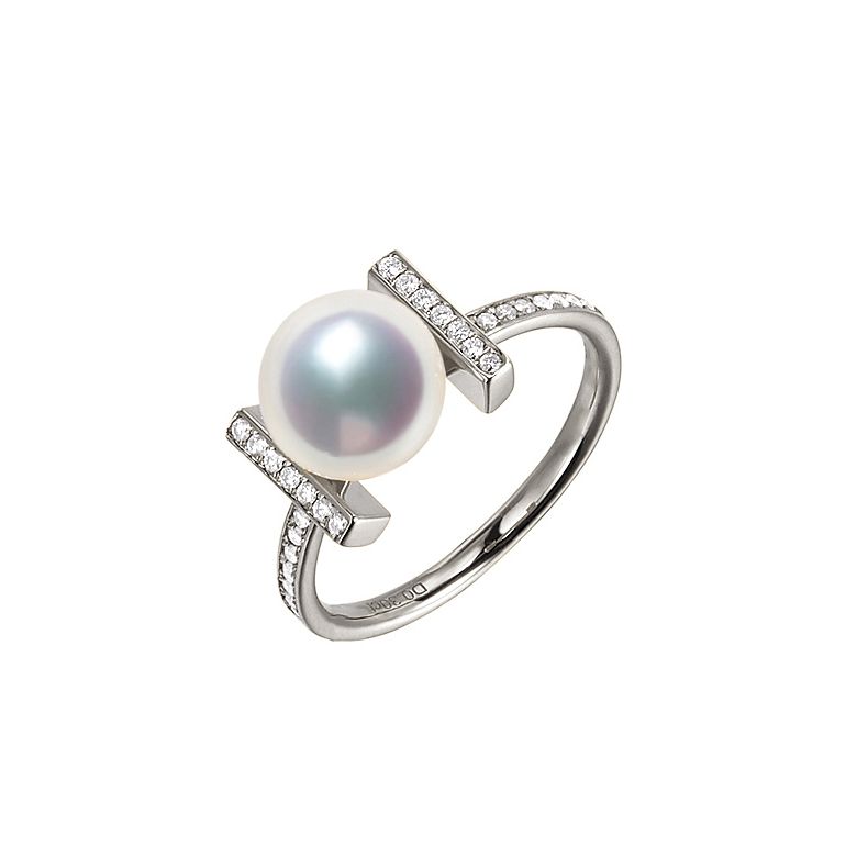 Bague monture rail. Or blanc, Diamants sertis et Perle Akoya - 1
