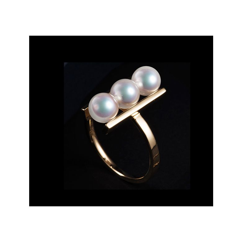 Bague 3 perles Akoya alignées et or jaune 18 carats - 3