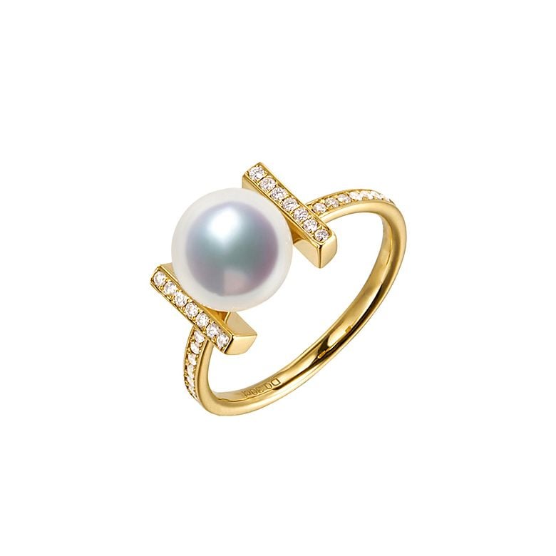 Bague monture rail. Or jaune, Diamants sertis et Perle Akoya - 1