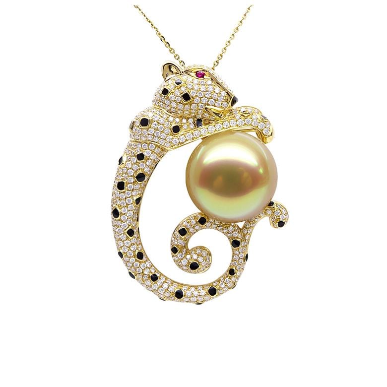 Pendentif Léopard. Perle d'Australie Dorée, Or jaune, Diamants - 1