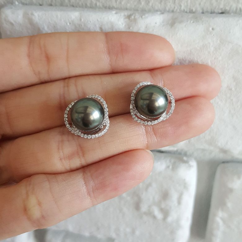 Boucles elliptiques en or blanc - Perles Tahiti, Couronnes diamants - 5