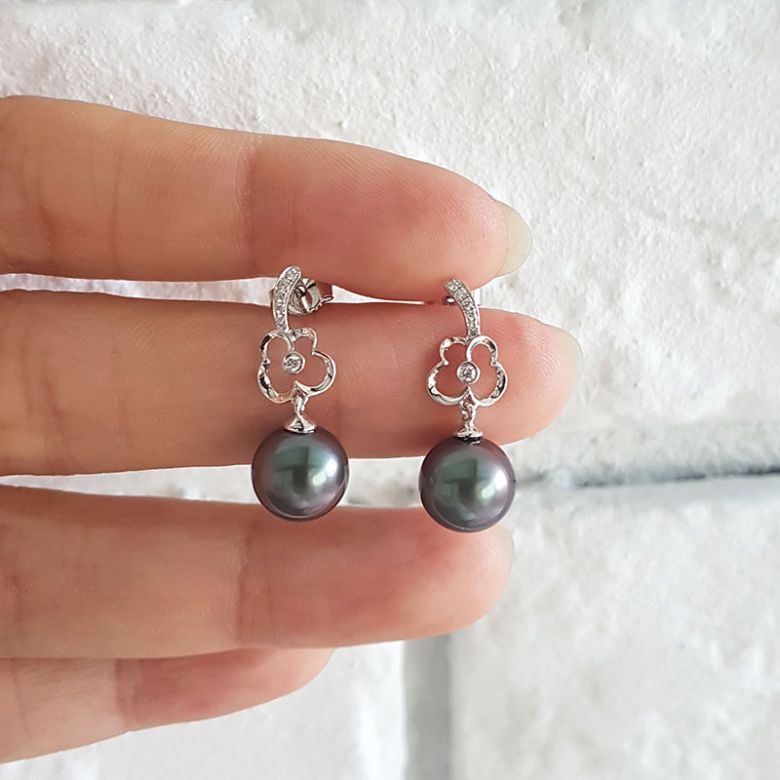 Boucles oreilles fleurs - Pendants perles de Tahiti - Or blanc, diamants - 6