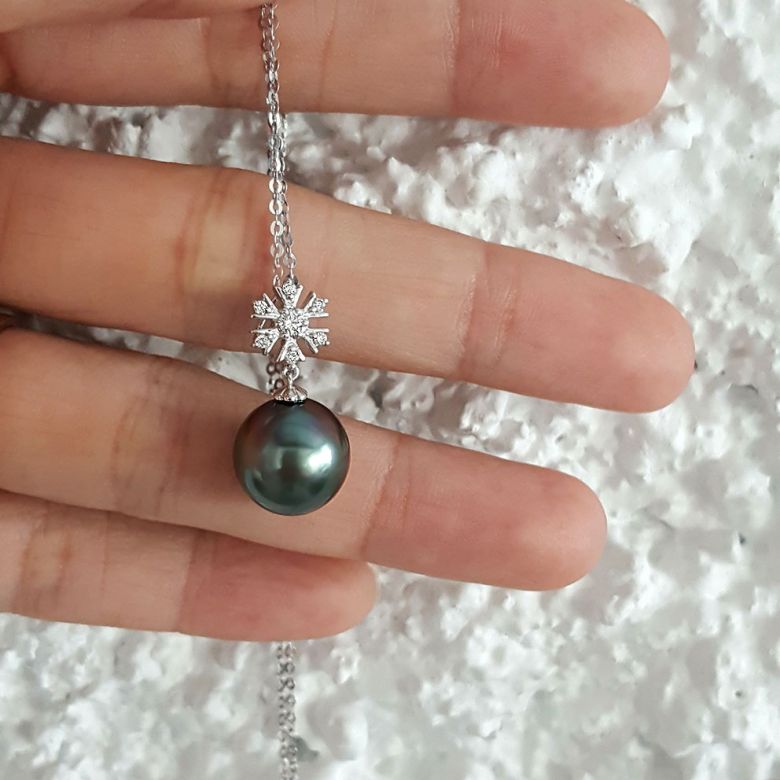 Pendentif flocon de neige - Perle de Tahiti bleue - Or blanc, diamants - 4