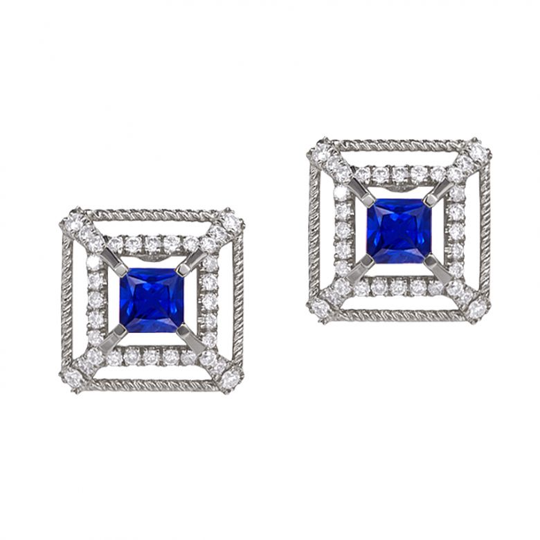 Boucle d Oreille carré de lumière - Or blanc, saphir, diamant - 1