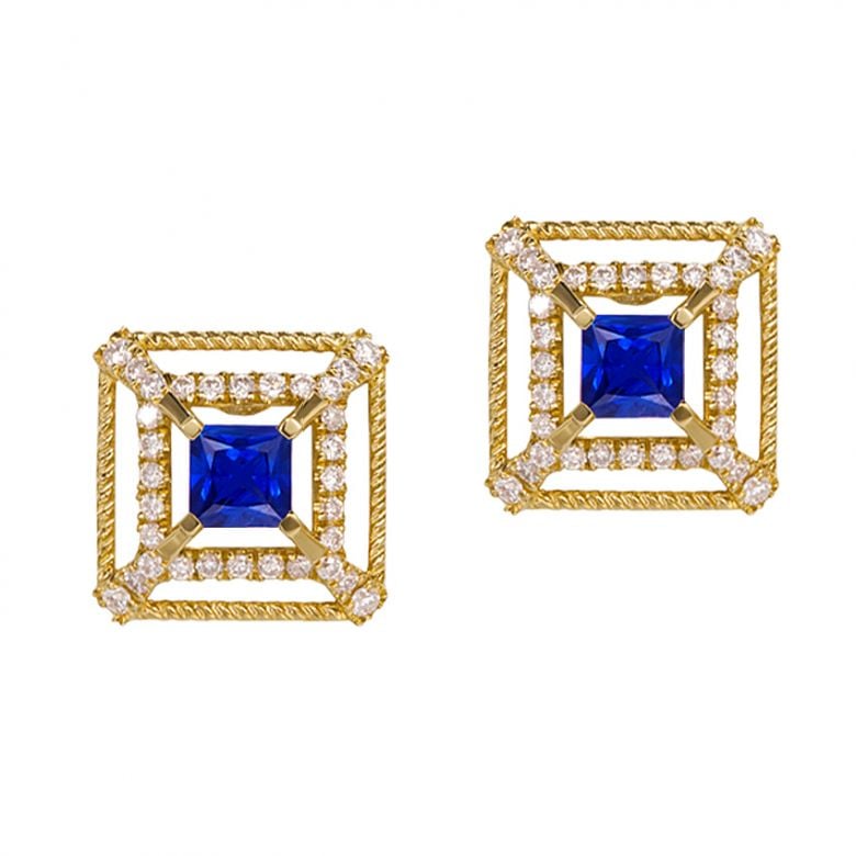 Boucle d Oreille carré de lumière - Or jaune, saphir, diamant - 1