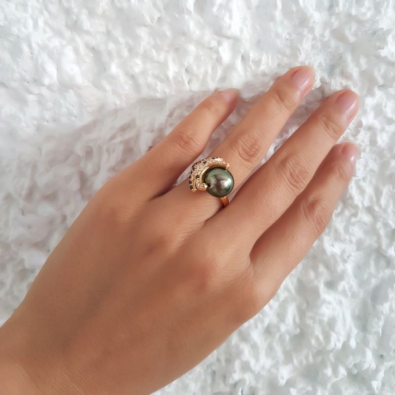 Bague étoile de mer - Perle de Tahiti - Or jaune, diamants, saphirs - 5