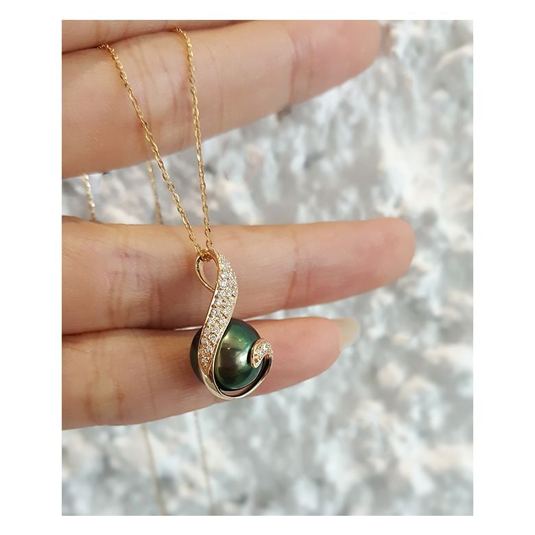 Pendentif écharpe diamantée - Perle de Tahiti noire, bronze - Or jaune - 3