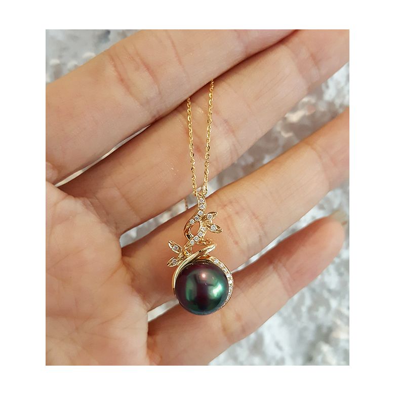 Pendentif Nature. Branche, feuillage. Perle de Tahiti, Or jaune - 3