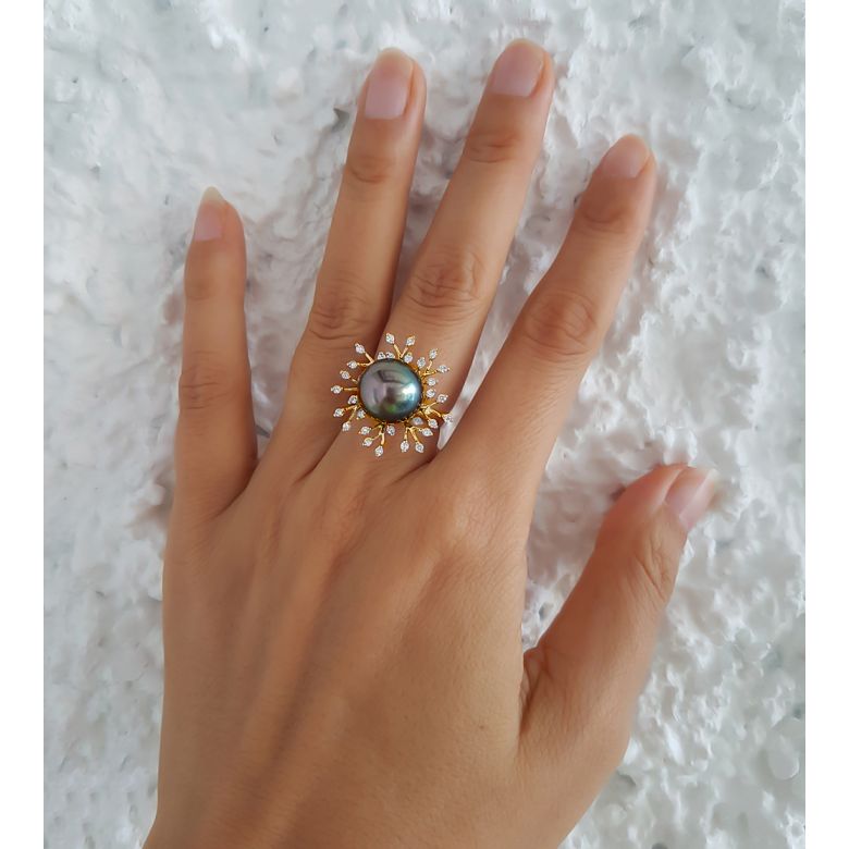 Bague de luxe - Récifs coralliens - Perle de Tahiti, or jaune, diamants - 2