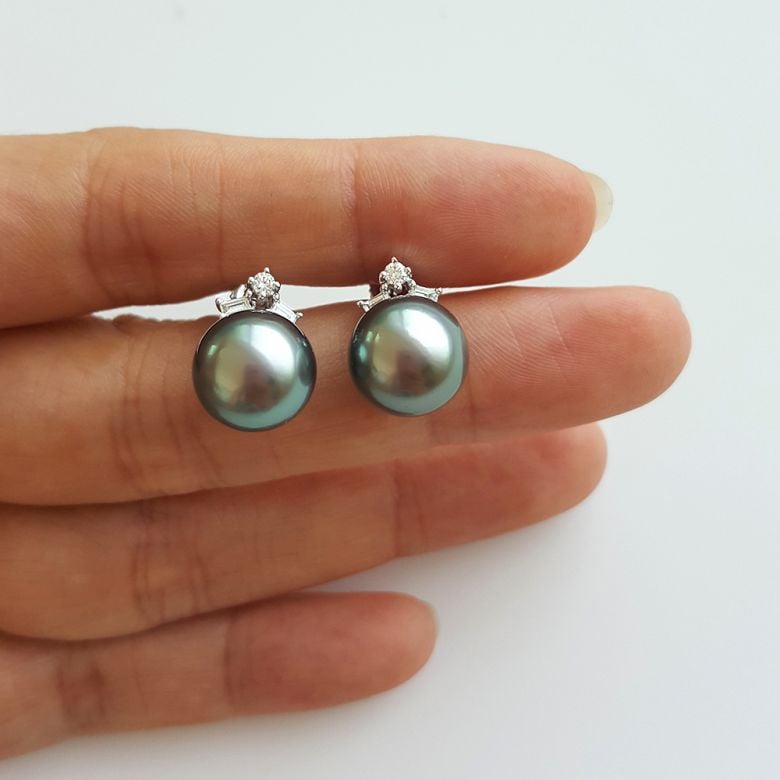 Boucles oreilles perles Tahiti - Or blanc - Diamants ronds, émeraudes - 5