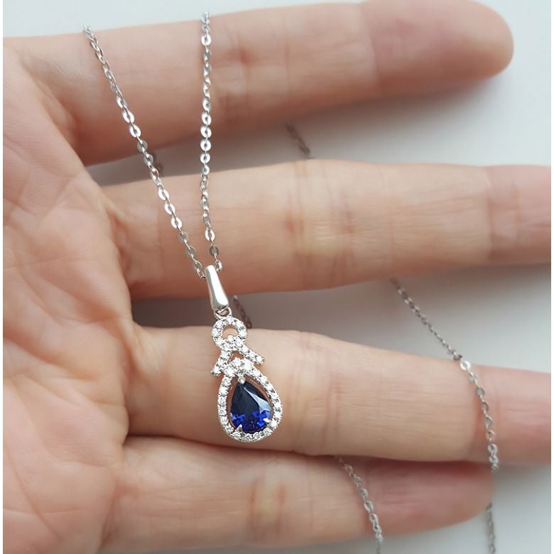 Pendentif Or blanc 18 carats - Saphir et diamants en poire - 8