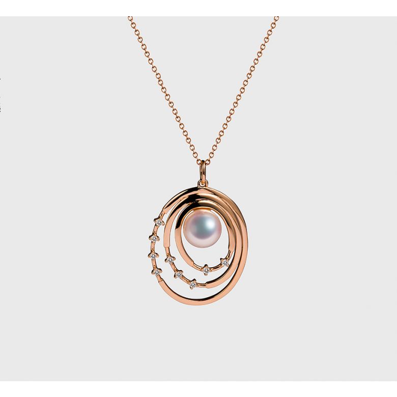 Pendentif perle Akoya Or rose et diamants. Triple cercle - 3