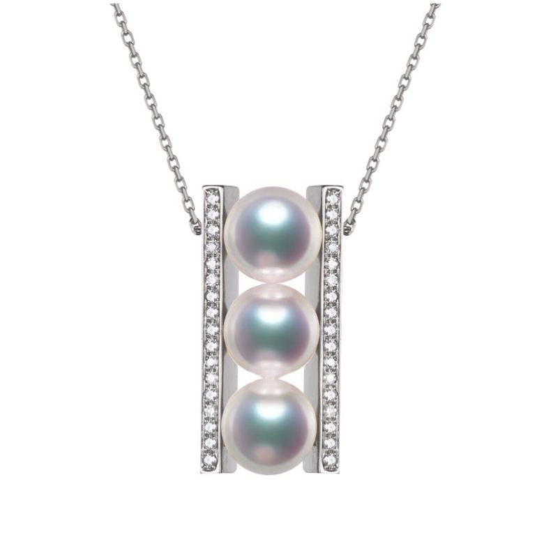Pendentif 3 perles Akoya. Barettes or blanc sertis diamants. Otohiko - 1