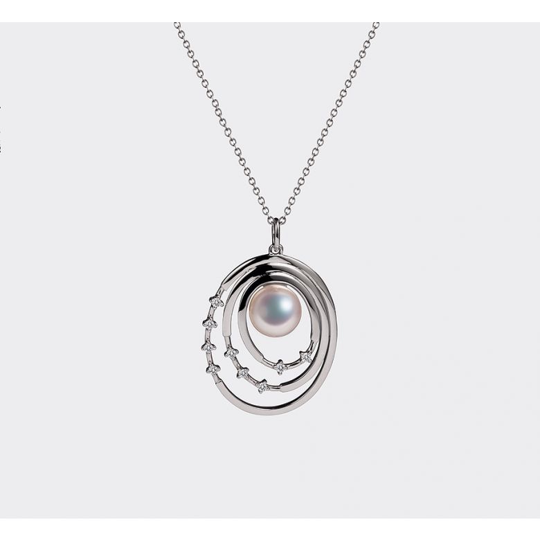 Pendentif perle Akoya Or blanc et diamants. Triple cercle - 5