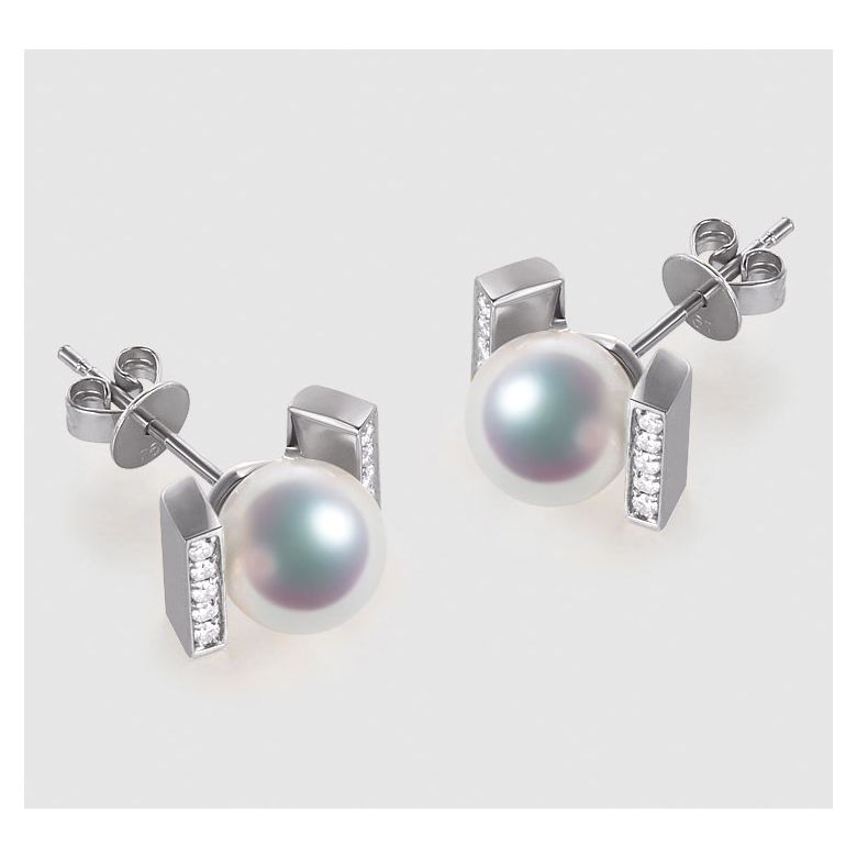Boucles oreilles modernes forme rail. Or blanc, Diamants et Perles Akoya - 3