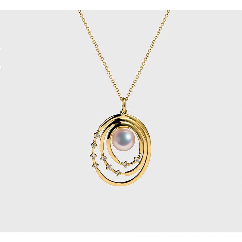 Pendentif perle Akoya Or jaune et diamants. Triple cercle - 5