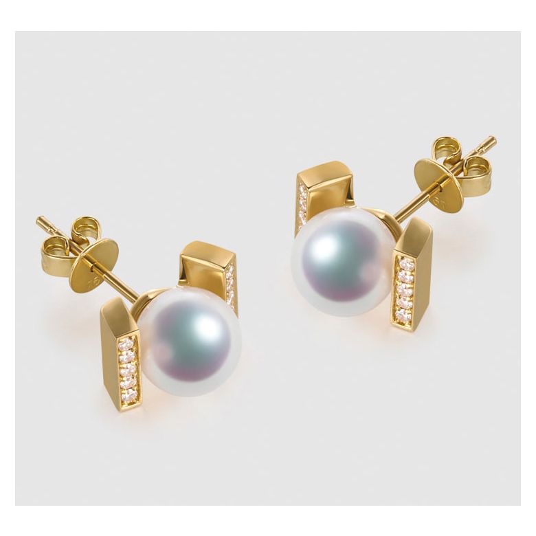 Boucles oreilles modernes forme rail. Or jaune, Diamants et Perles Akoya - 2