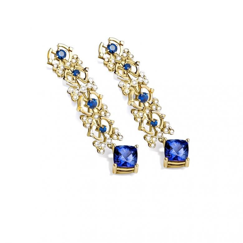 Boucle d oreille Saphir bleu, diamant - Or jaune - 6