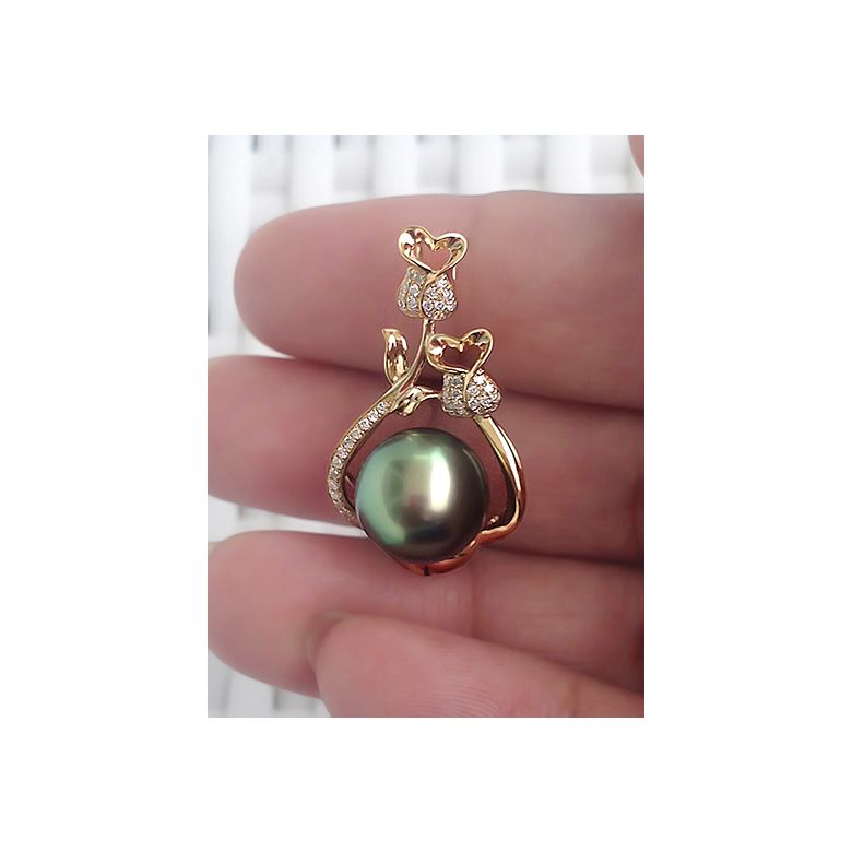 Pendentif la vie en rose - Perle de Tahiti - 2 roses or jaune, diamants - 3