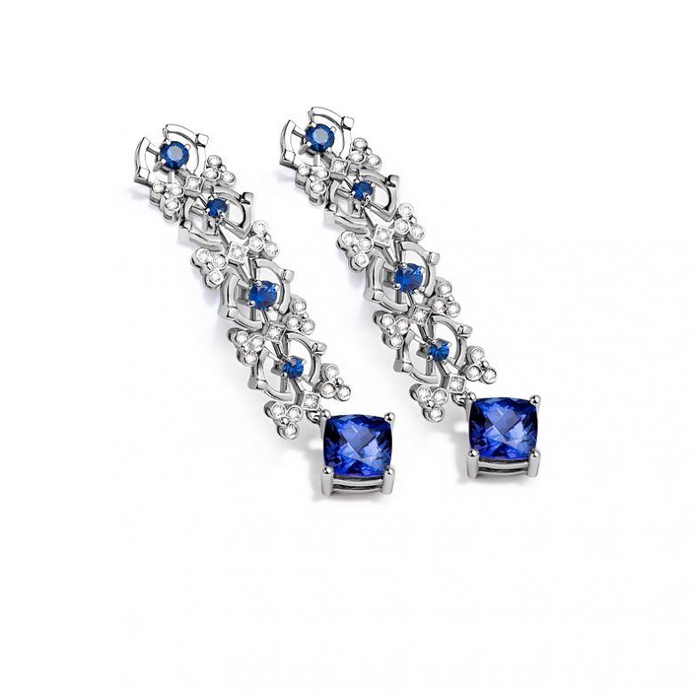 Boucle d oreille saphir bleu, diamant - Or blanc - 4