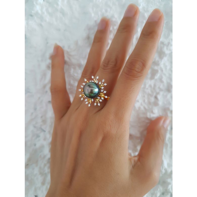Bague de luxe - Récifs coralliens - Perle de Tahiti, or jaune, diamants - 3
