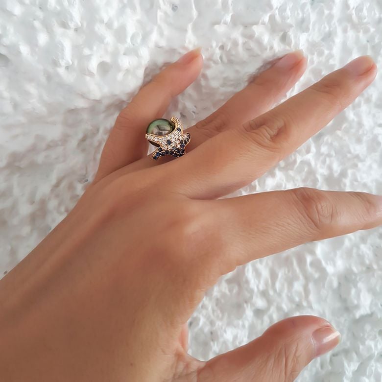 Bague étoile de mer - Perle de Tahiti - Or jaune, diamants, saphirs - 6