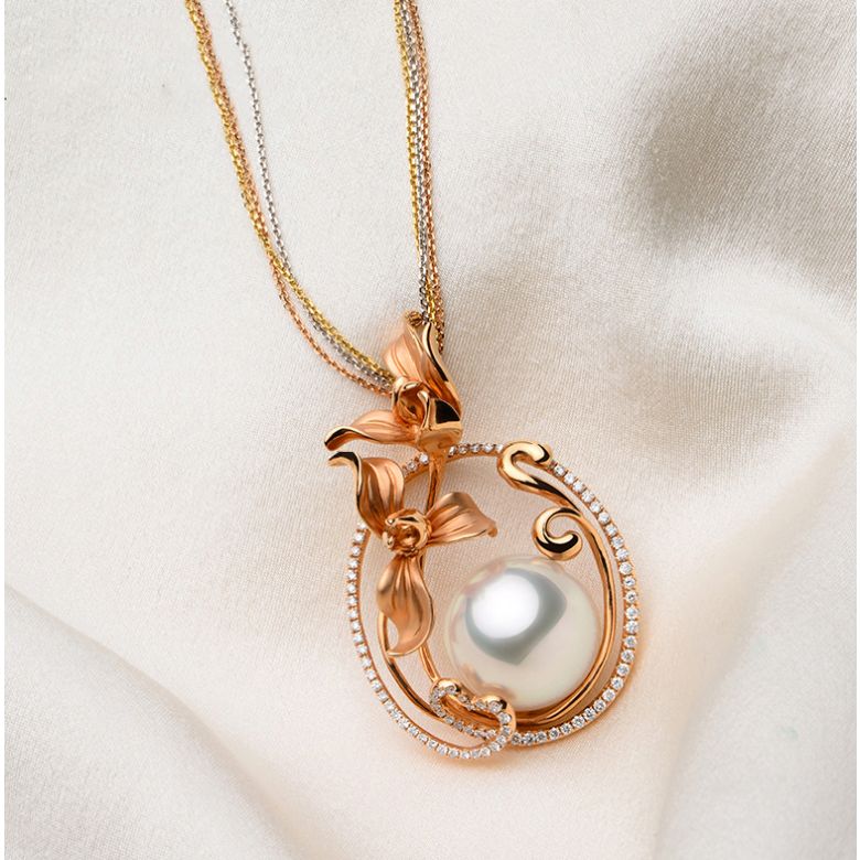 Pendentif Orchidée Or rose, diamants et perle d'Australie  - 2