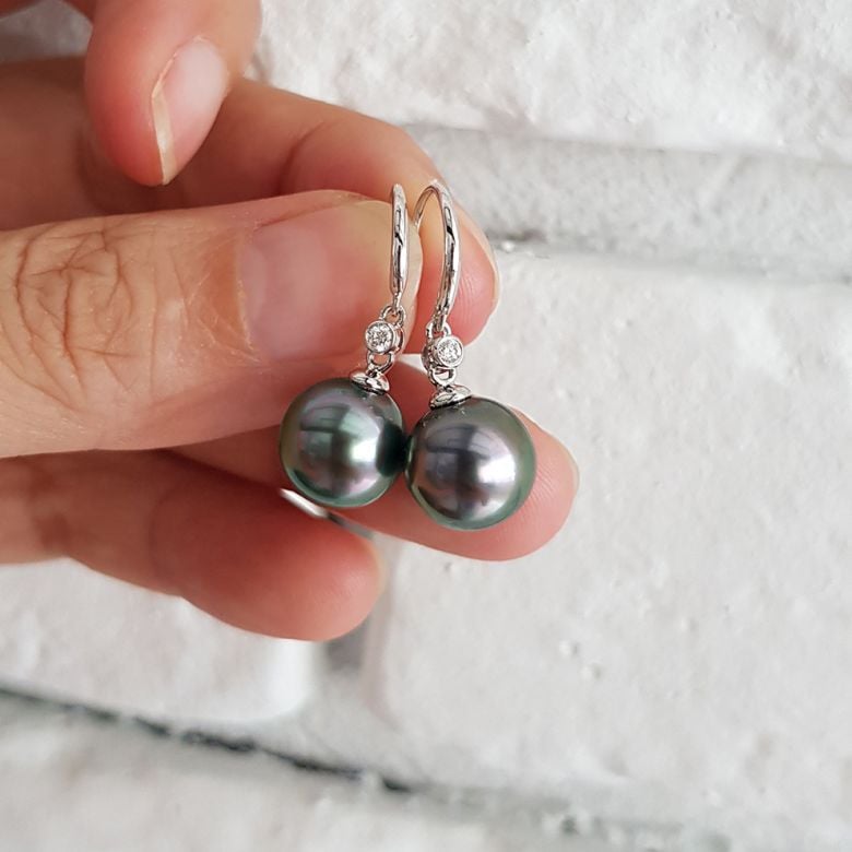 Boucles oreilles crochets - Perles de Tahiti - Or blanc, diamant - 4