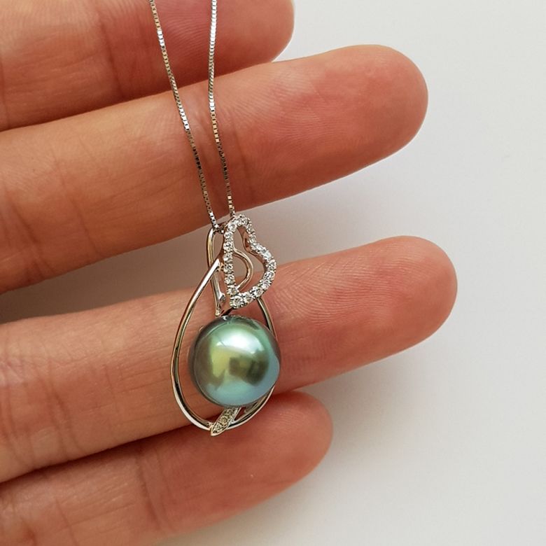 Pendentif accents romantiques - Perle de Tahiti, or blanc, diamants - 3