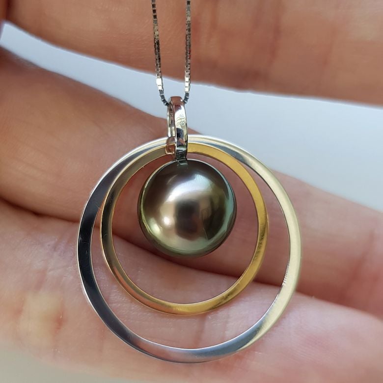 Pendentif 2 anneaux superposés - Perle de Tahiti - Or jaune et blanc - 2
