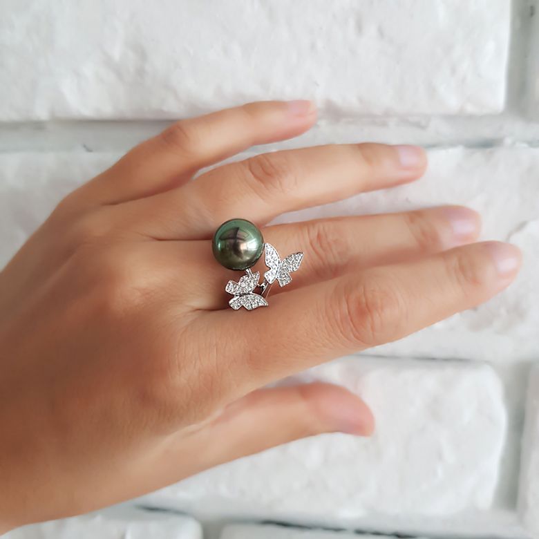 Bague papillons gracieux - Perle de Tahiti - Or blanc, diamants - 8