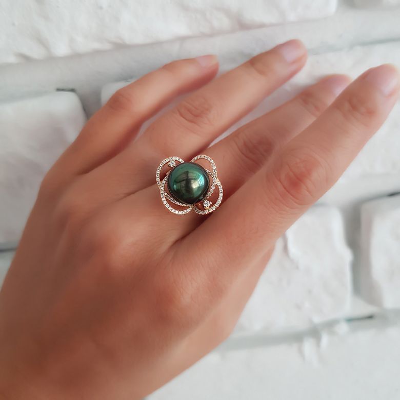 Bague fleur - Un matin de rosé - Perle de Tahiti, or jaune, diamants - 6