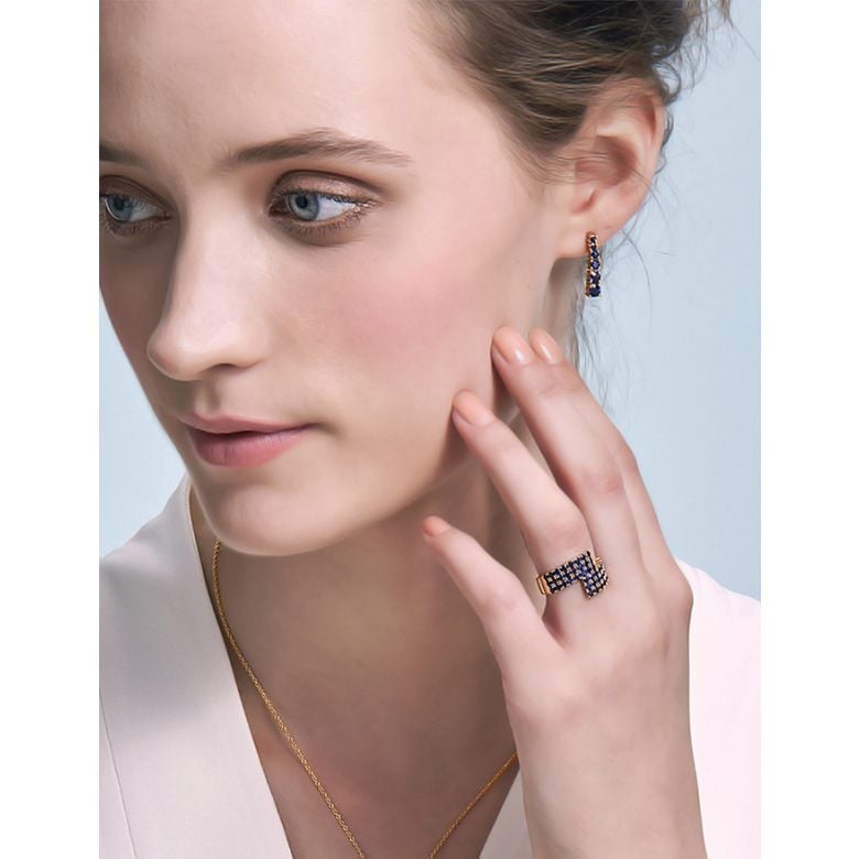 Bague contemporaine or jaune. Pavage géométrique saphir  - 2