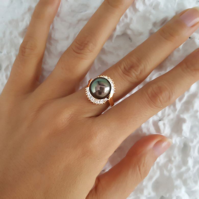 Bague couronne diamantée - Perle de Tahiti, or jaune - 3