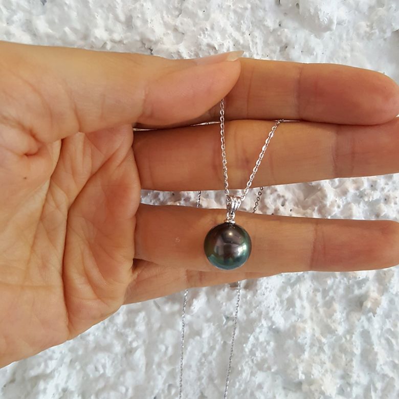 Pendentif bélière or blanc striée - Perle de Tahiti noire, bronze - 4